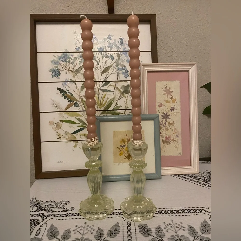 *EUC* Retro Heavy Glass Candle Holders - Soft Clear Yellow